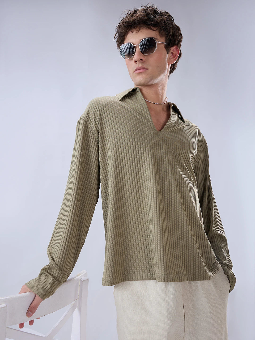 Olive Dual Weave Striped Oversized Polo Knit Shirt