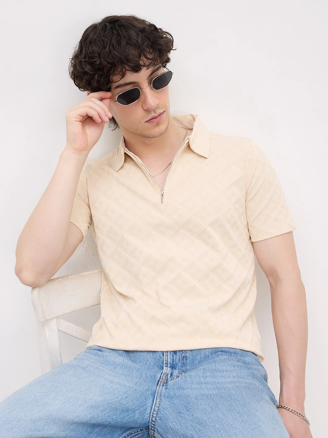 Cream Diamond Embossed Zip Polo Tee