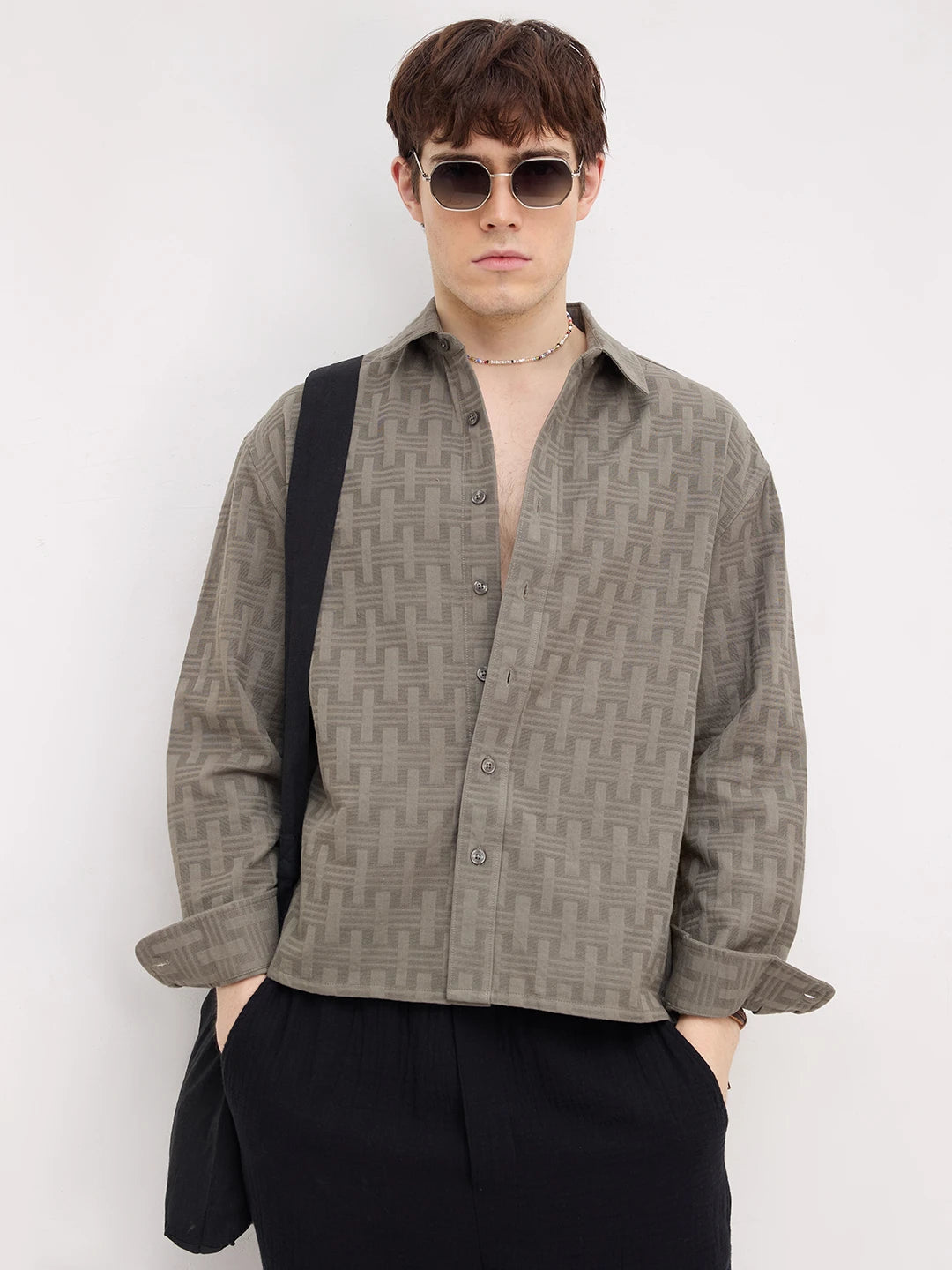 Contemporary Ash Grey Architectural Weave Textured Boxy Fit Crop Shirt