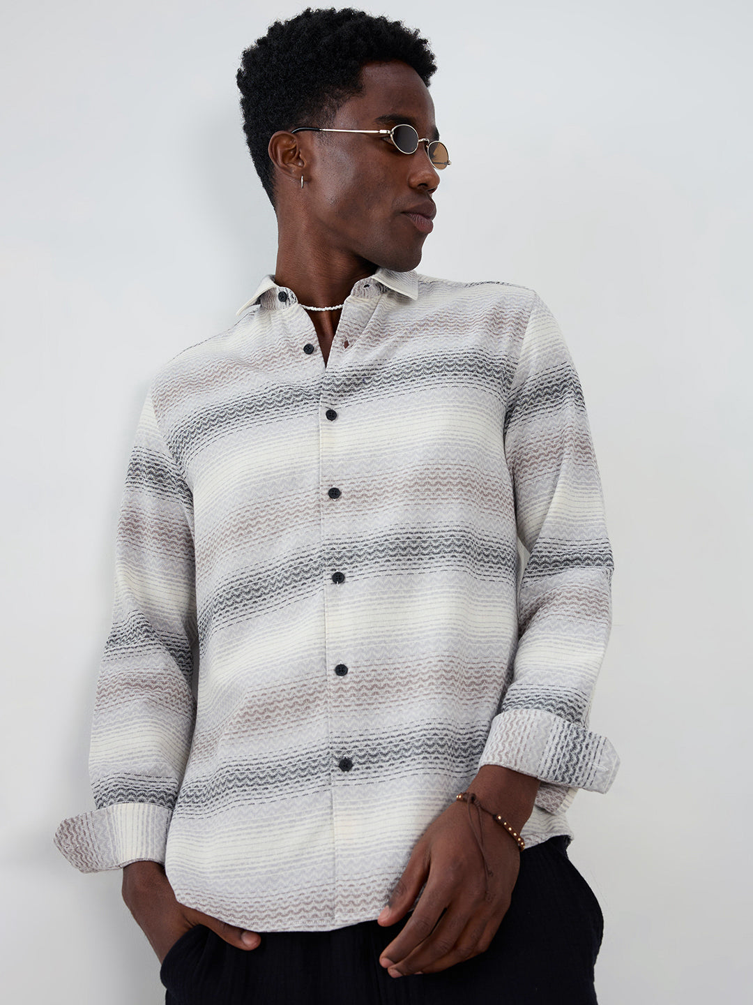 Grey Jacquard Wave Pattern Striped Shirt