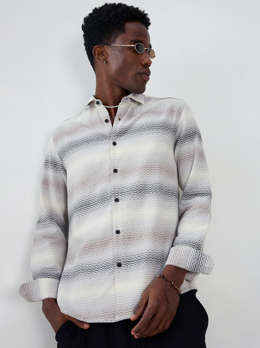 Grey Jacquard Wave Pattern Striped Shirt