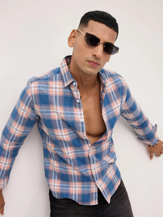 Premium Powder Blue Field Checks Denim Jacquard Shirt