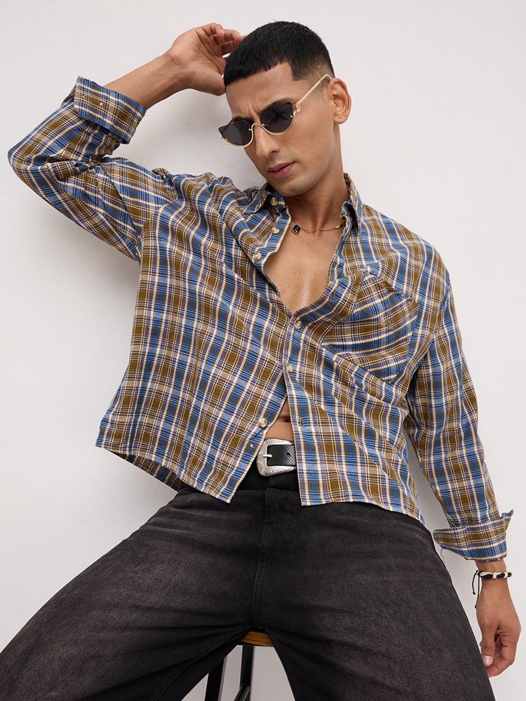 Denim Blue & Olive Checks Linen Blend Boxy Fit Crop Shirt
