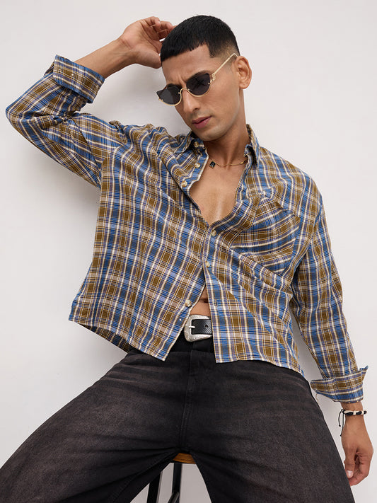 Denim Blue & Olive Checks Linen Blend Boxy Fit Crop Shirt
