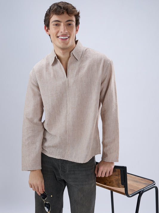 Tan Beige Crinkled Center Seam Oversized Polo Shirt