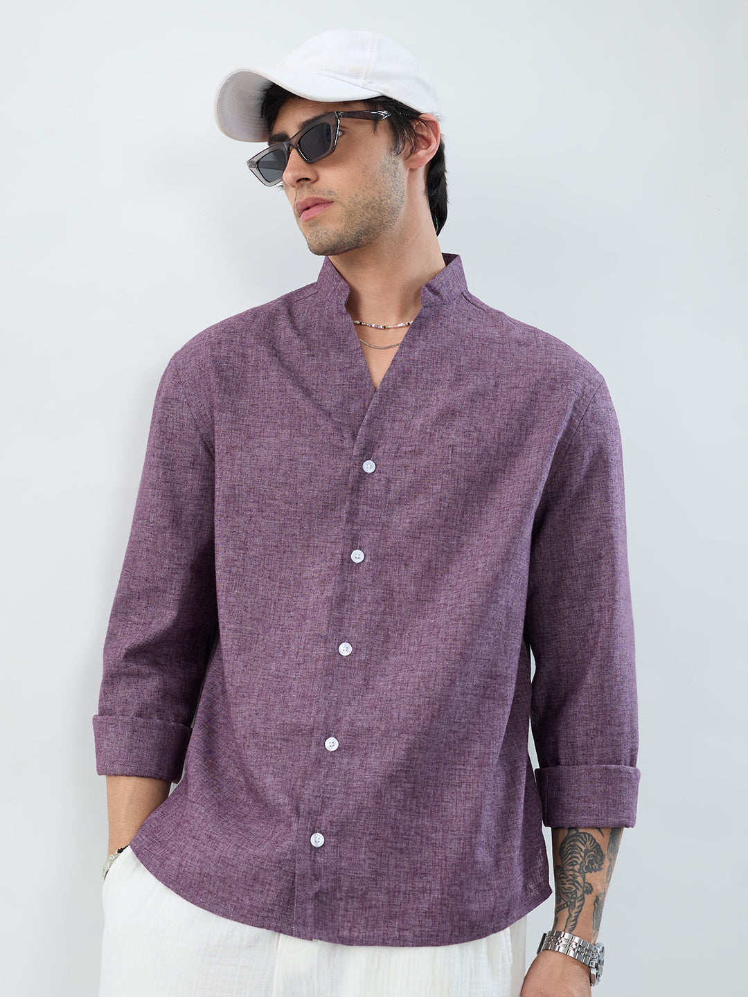 Rich Aubergine Purple Linen Blend Stand-Collar Oversized Shirt