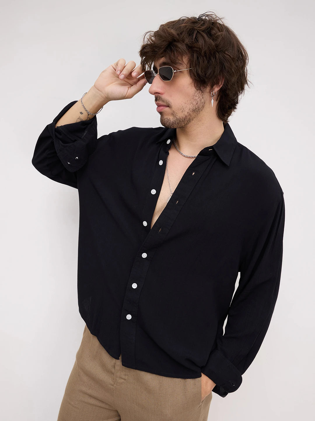 Iconic Black Crepe Textured Boxy Fit Shirt