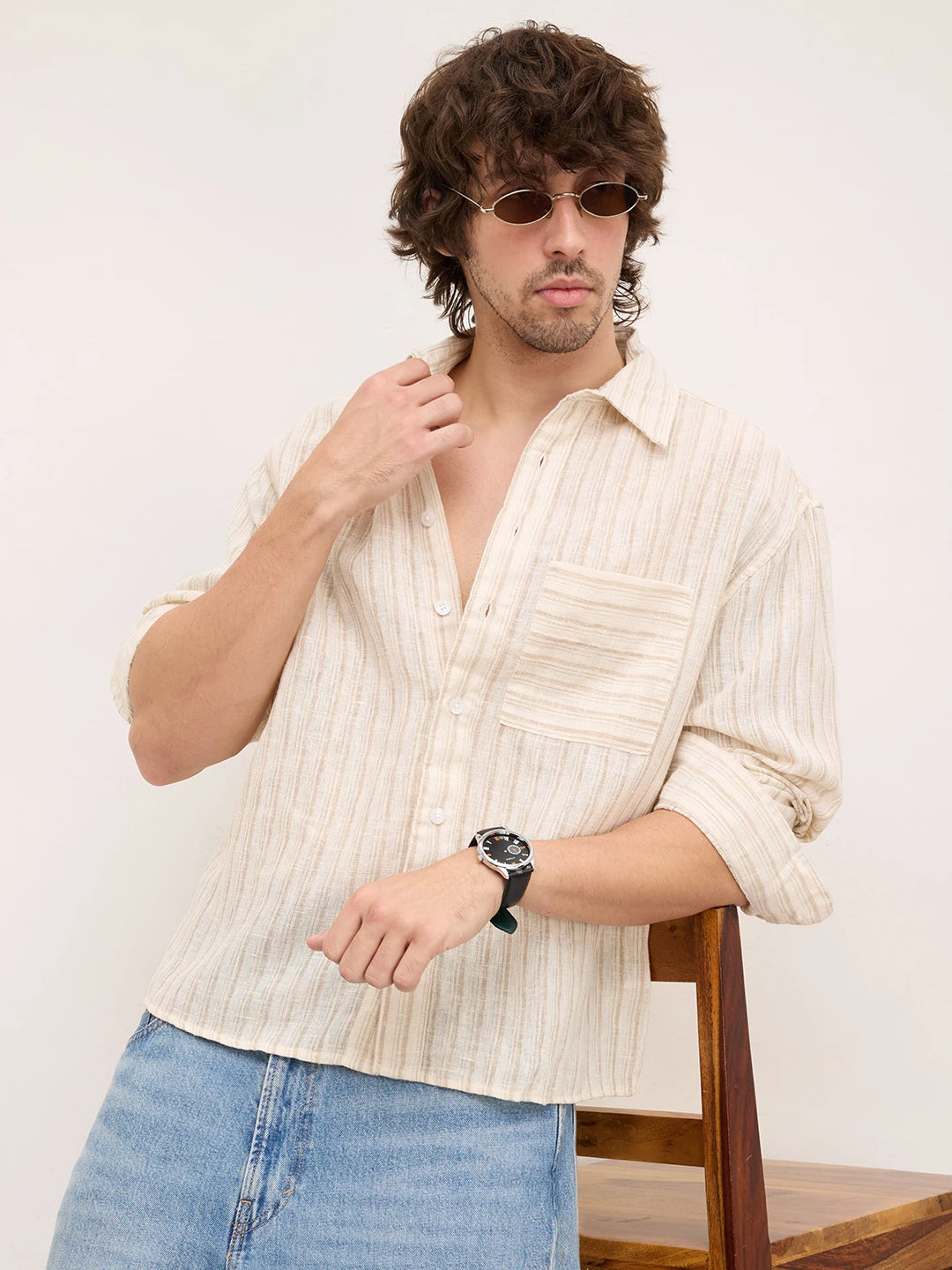 Off White Beige and Brown Striped Boxy Fit Crop Shirt