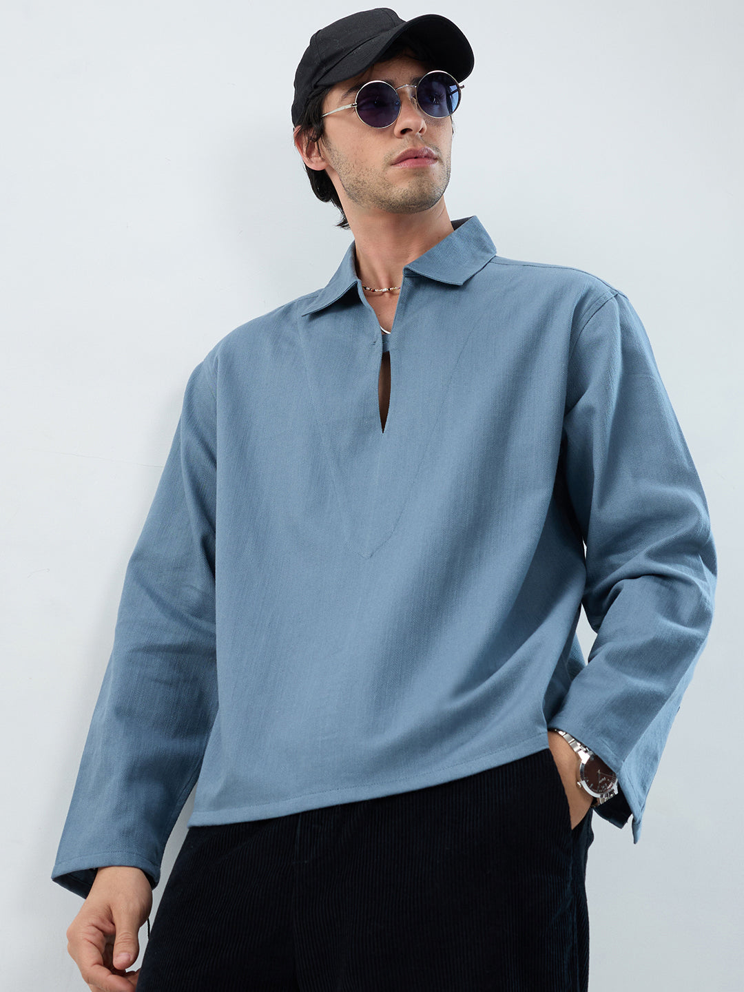 Slate Blue Cuffless Oversized Shirt