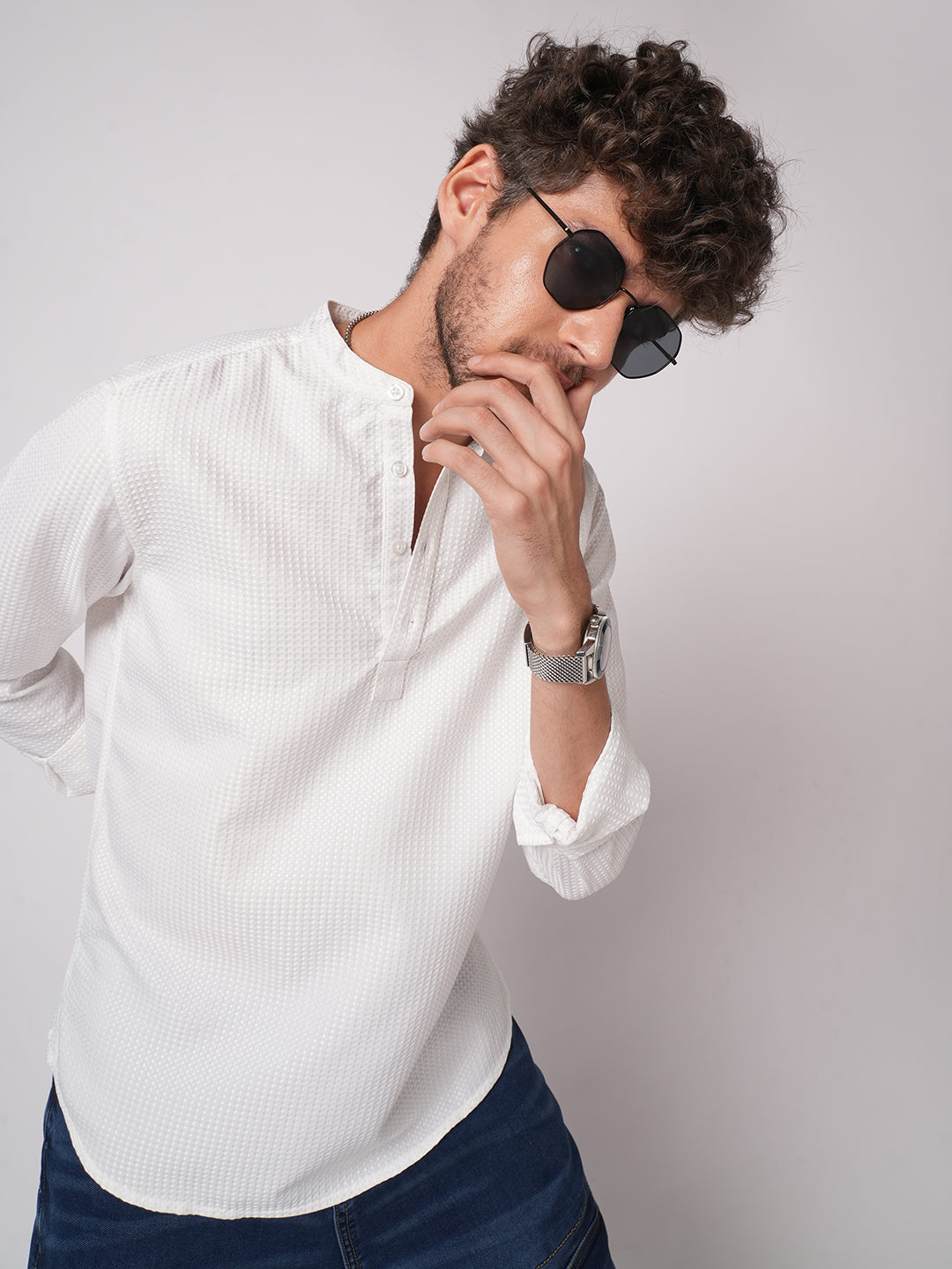 Snow White Dot Embossed Kurta