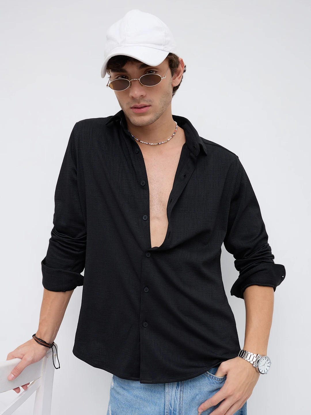 Black Mini Checks Textured Knitted Shirt