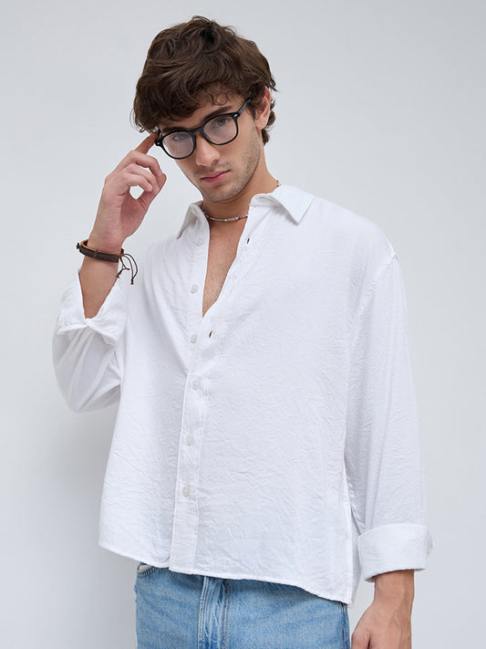 Soft Snow White Crinkled Boxy Fit Crop Shirt