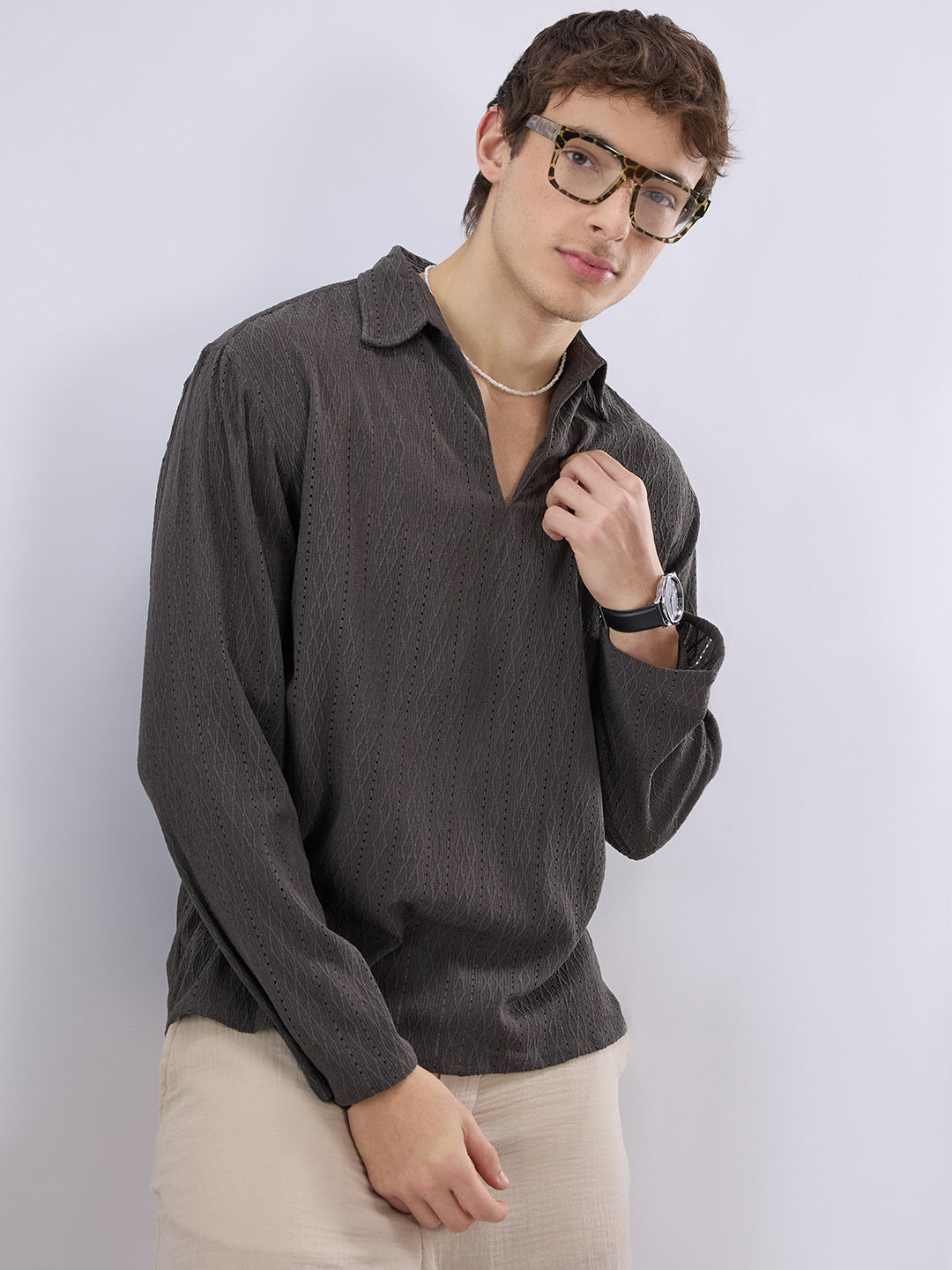 Dark Grey Textured Crochet Polo Oversized Shirt
