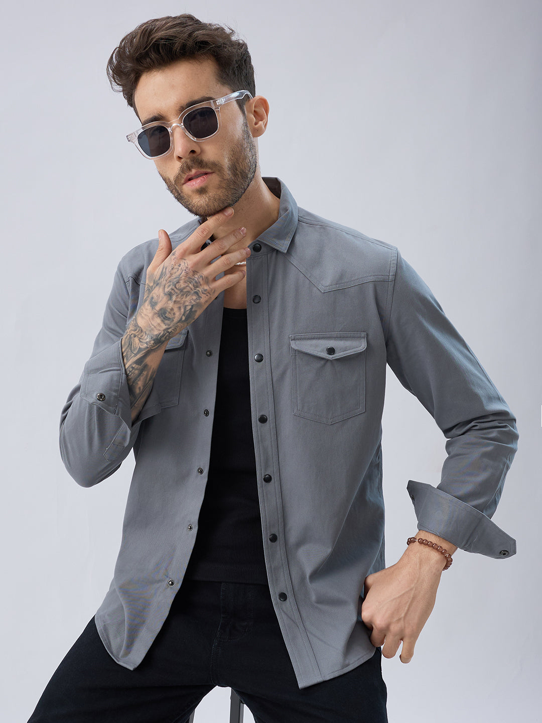 Solid Slate Grey Double Pocket Overshirt