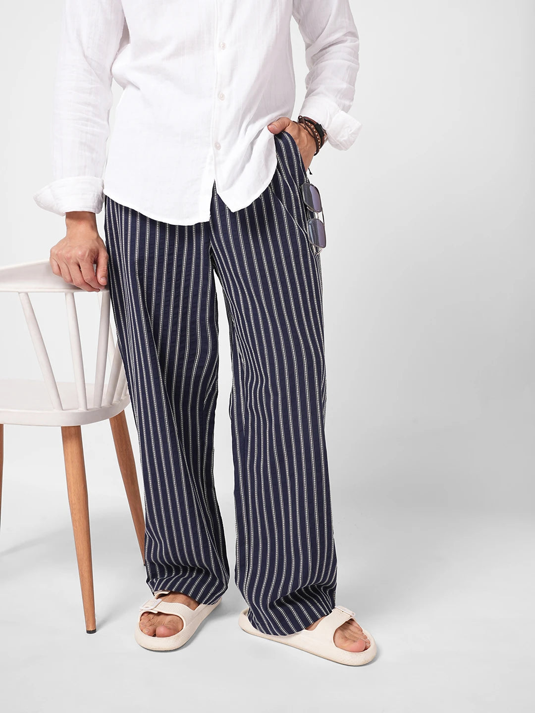 Navy Artisan Fine Embroidered Seersucker Striped Straight Fit Trousers