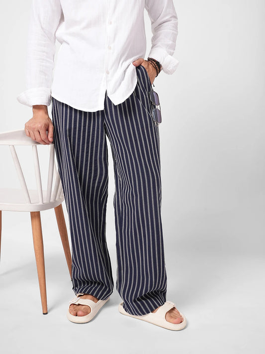 Navy Artisan Fine Embroidered Seersucker Striped Straight Fit Trousers