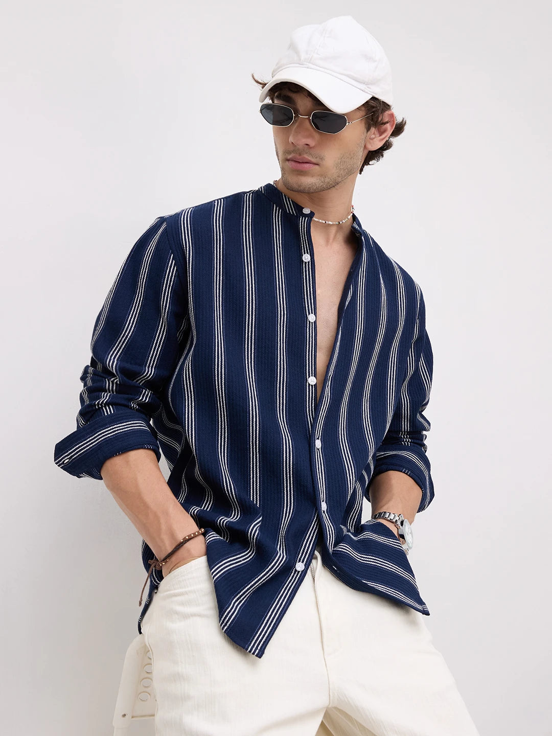 Navy & White Vertical Striped Mandarin Shirt