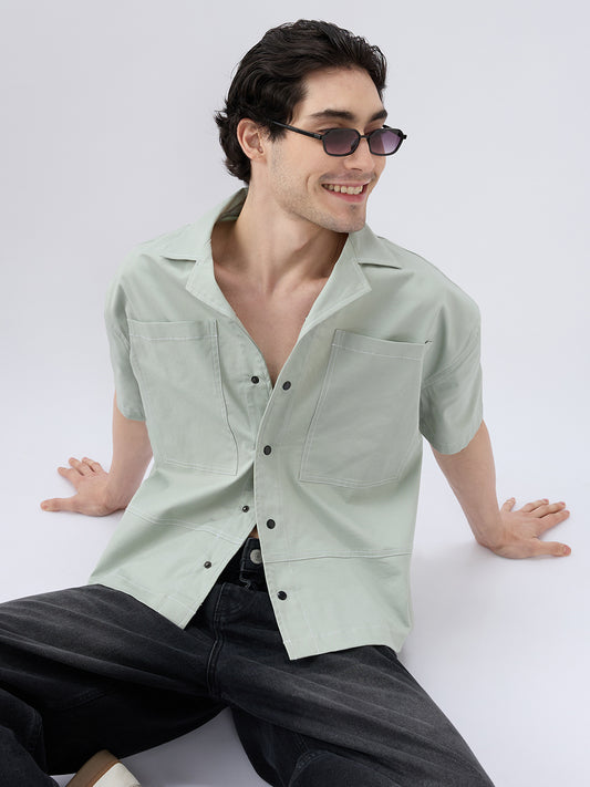 Icy Pistachio Notch Collar Oversized Cropped Utility Shirt