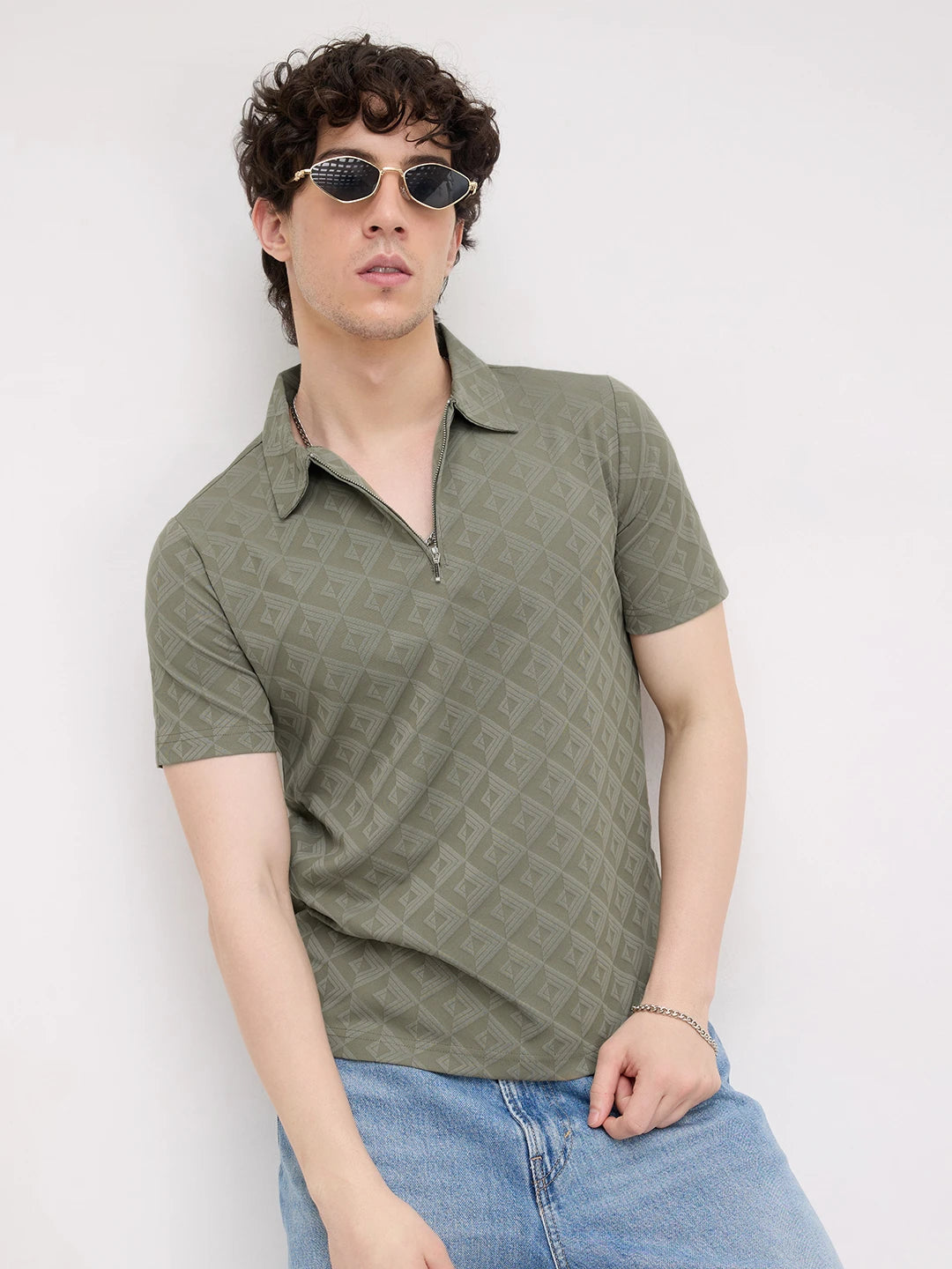 Olive Mist Diamond Embossed Zip Polo Tee