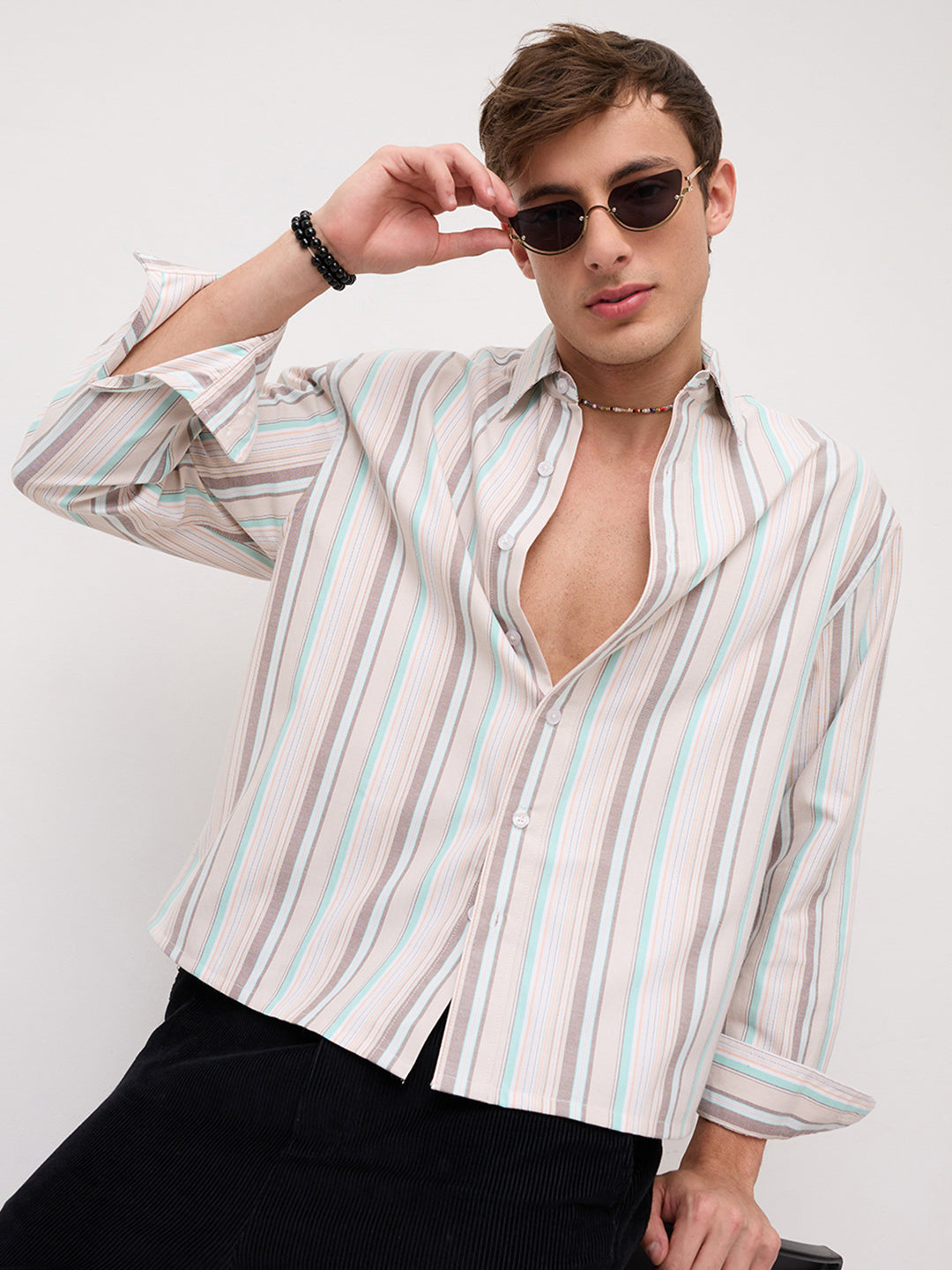 Sunwashed Multi Stripe Weave Boxy Fit Crop Shirt
