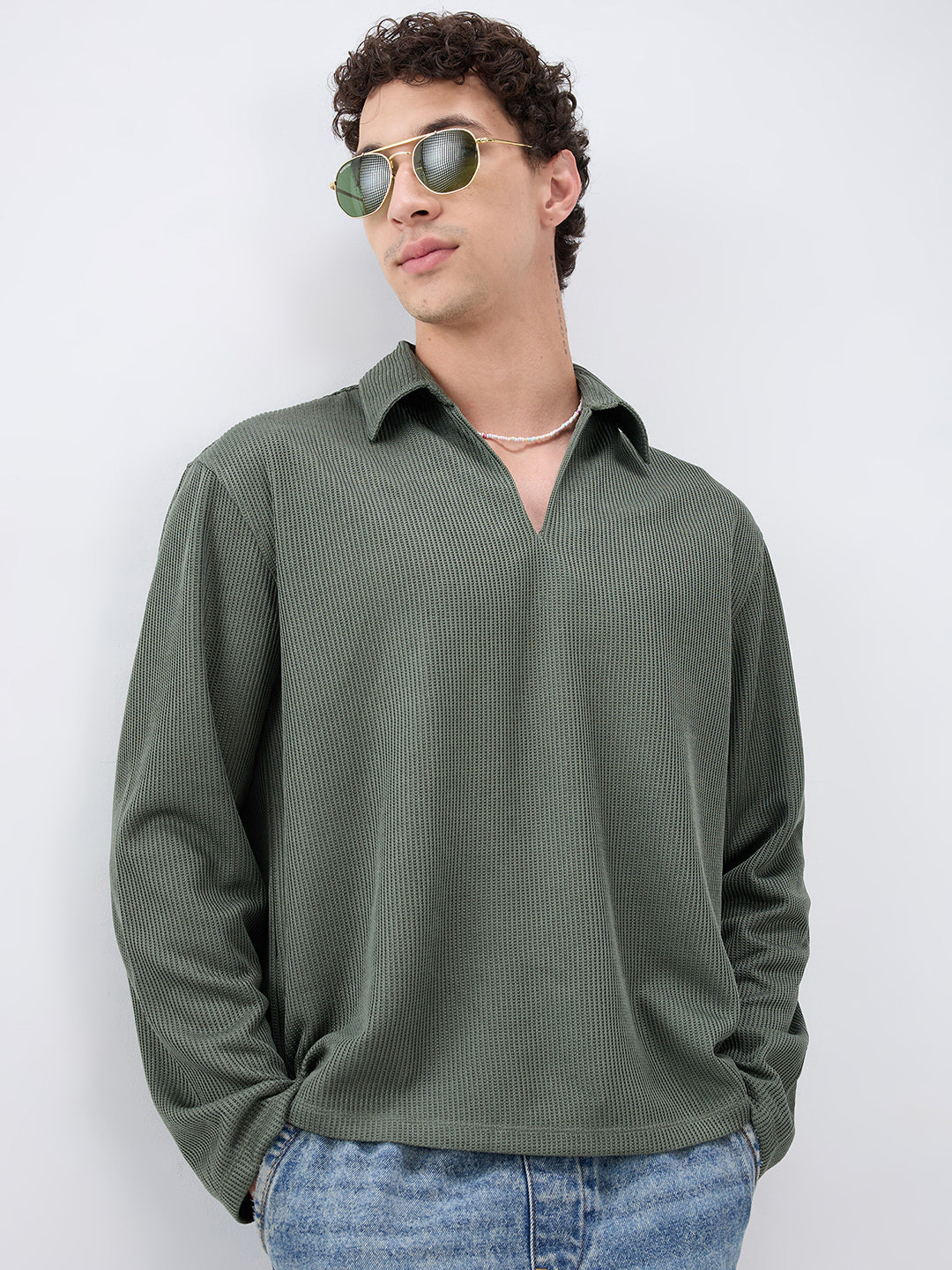 Refined Olive Textured Knitted  Oversized Polo Shirt