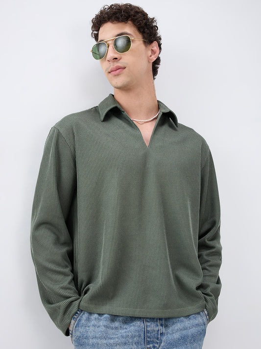 Refined Olive Textured Knitted  Oversized Polo Shirt