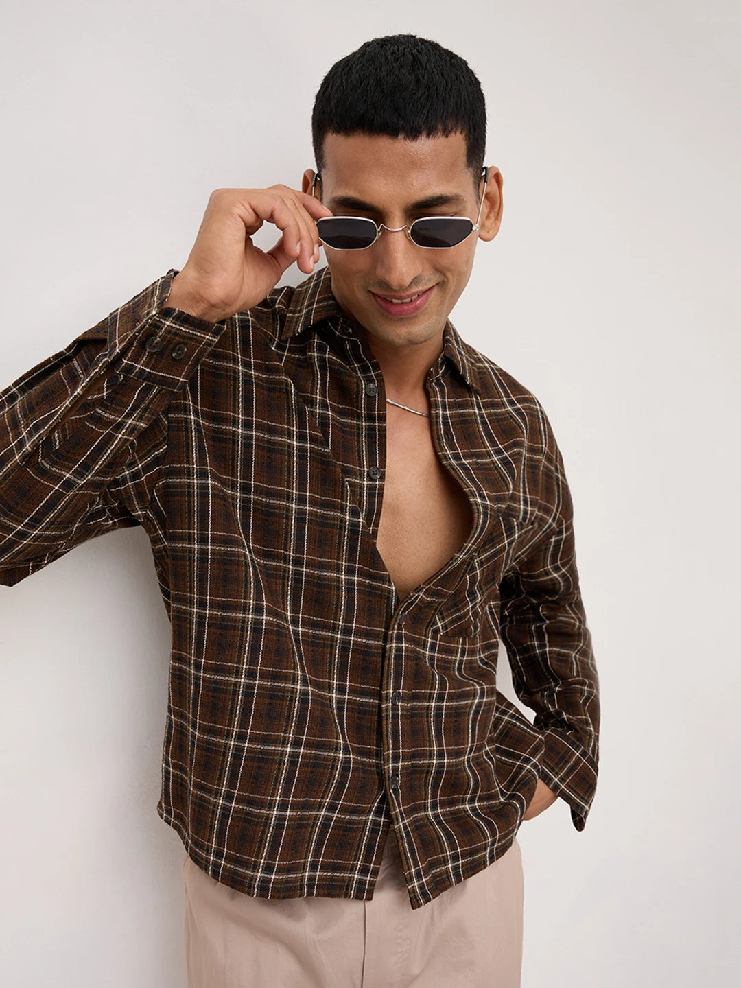 Rustic Brown Grid Framework Boxy Fit Crop Shirt
