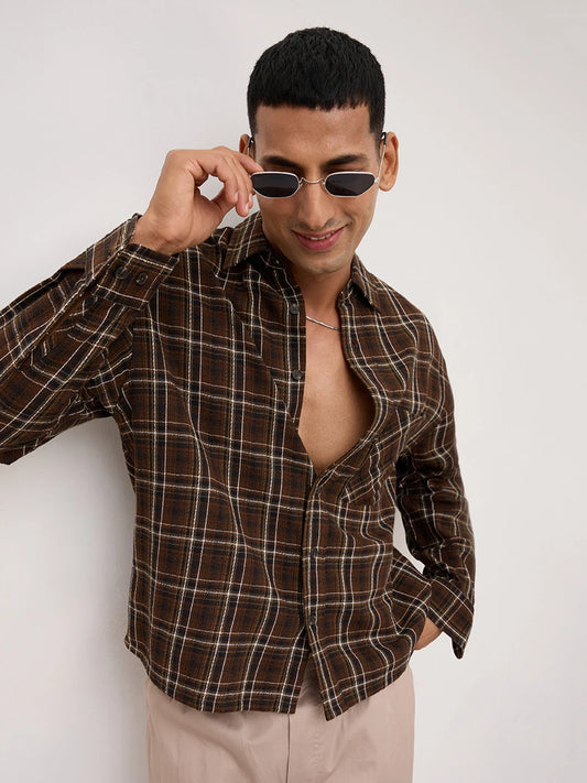 Rustic Brown Grid Framework Boxy Fit Crop Shirt