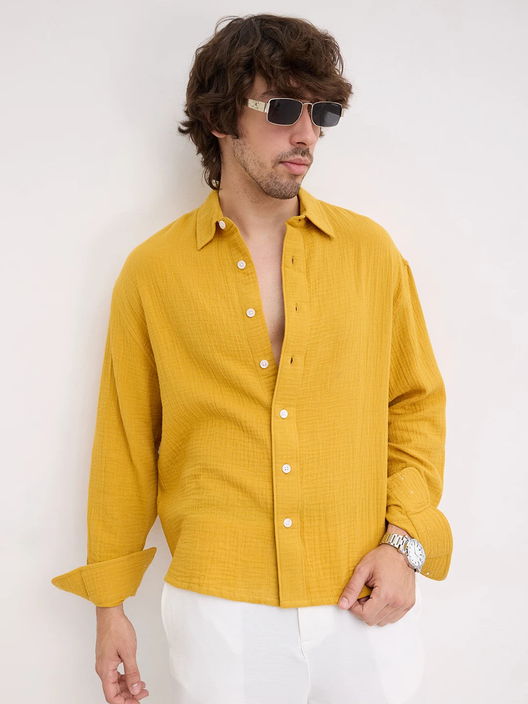 Radiant Gold Double Cloth Boxy Fit Crop Shirt