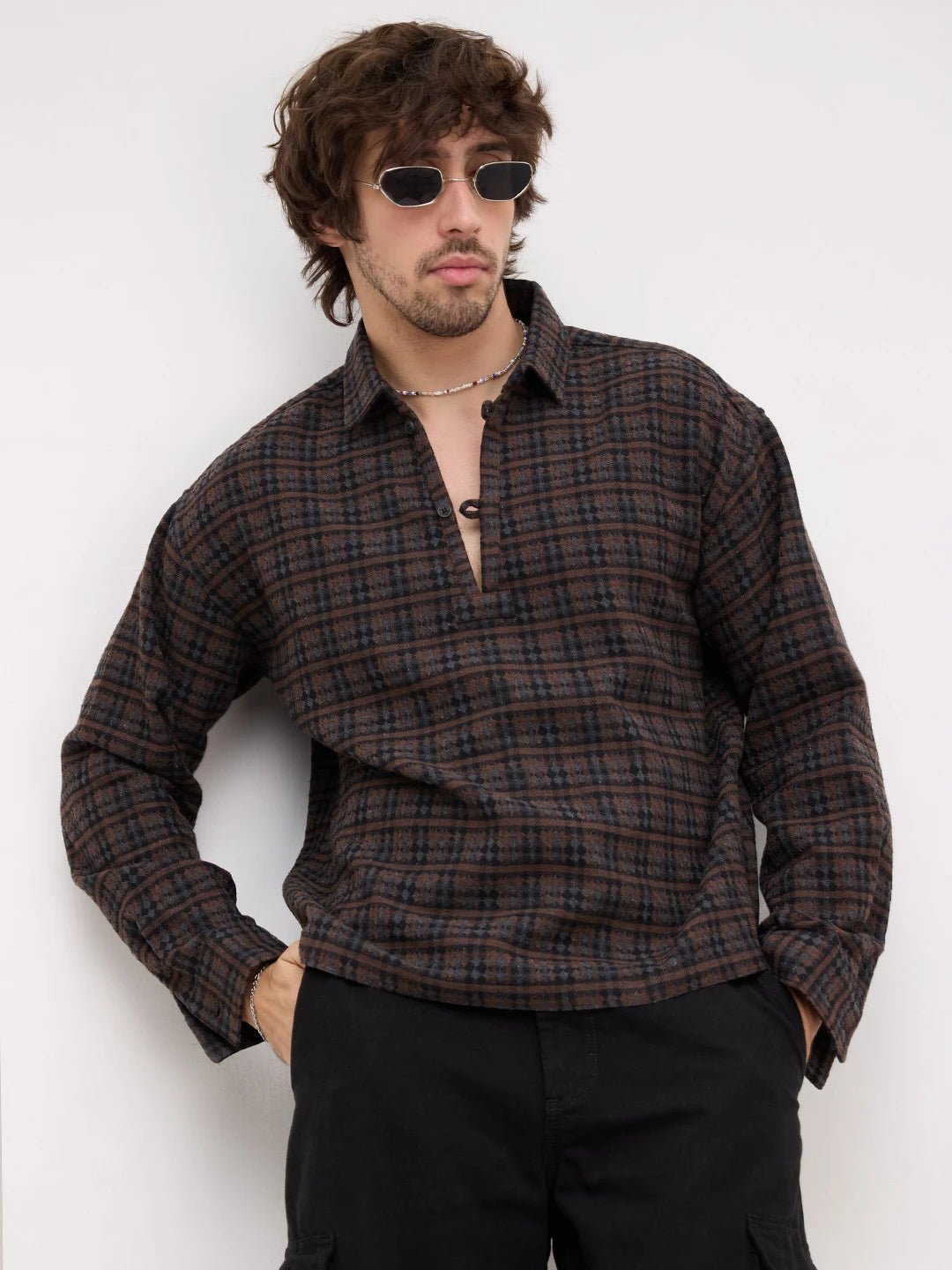 Luxe Brown Motif Panelled Loop Button Oversized Flannel Shirt