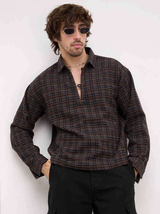 Luxe Brown Motif Panelled Loop Button Oversized Flannel Shirt