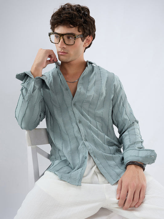 Sage Green Frayed Panelled Waffle Textured Shirt