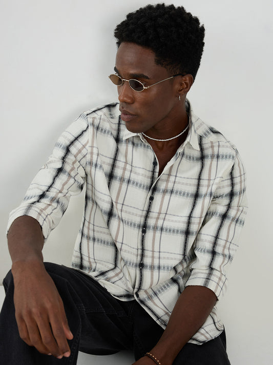 Premium White & Grey Soft Textured Checks Shirt