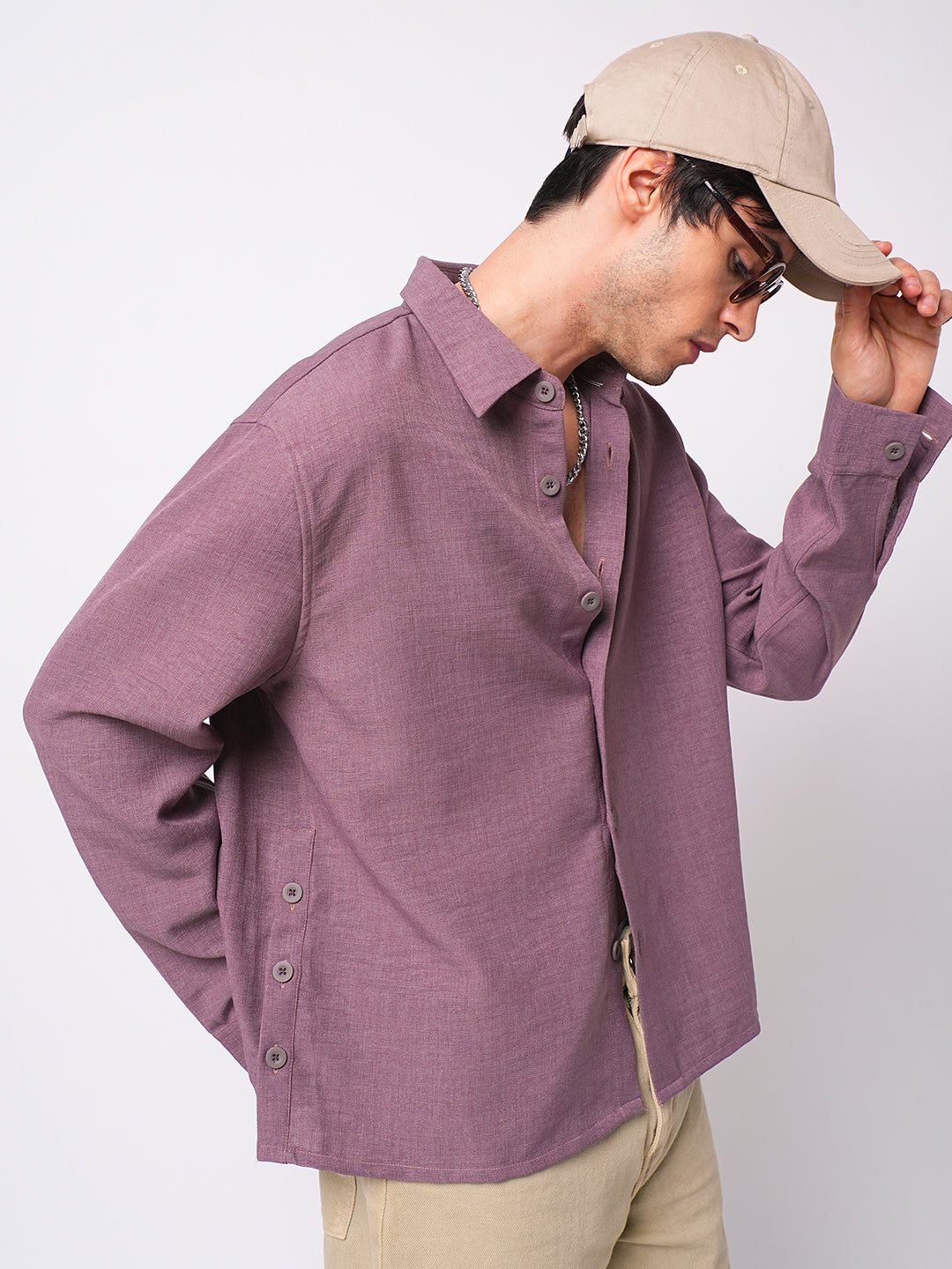 Duskwind Mauve Slub Oversized Side-Slit Button Crop Shirt