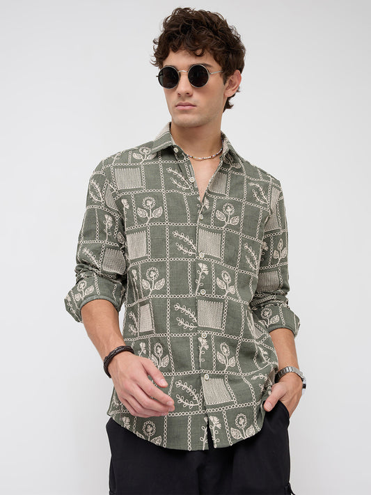 Olive Artisan Frame Embroidered Slub Shirt