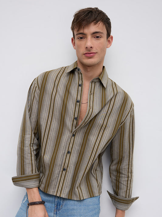 Khaki Multi Stripe Flow Boxy Fir Crop Shirt