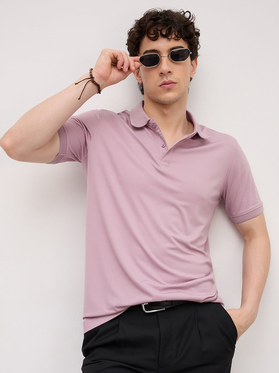 Muted Lilac Honeycomb Polo Knit T-Shirt