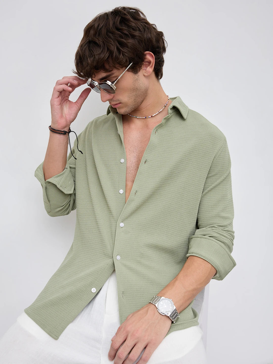 Refined Sage Green Gingham Checks Knitted Shirt
