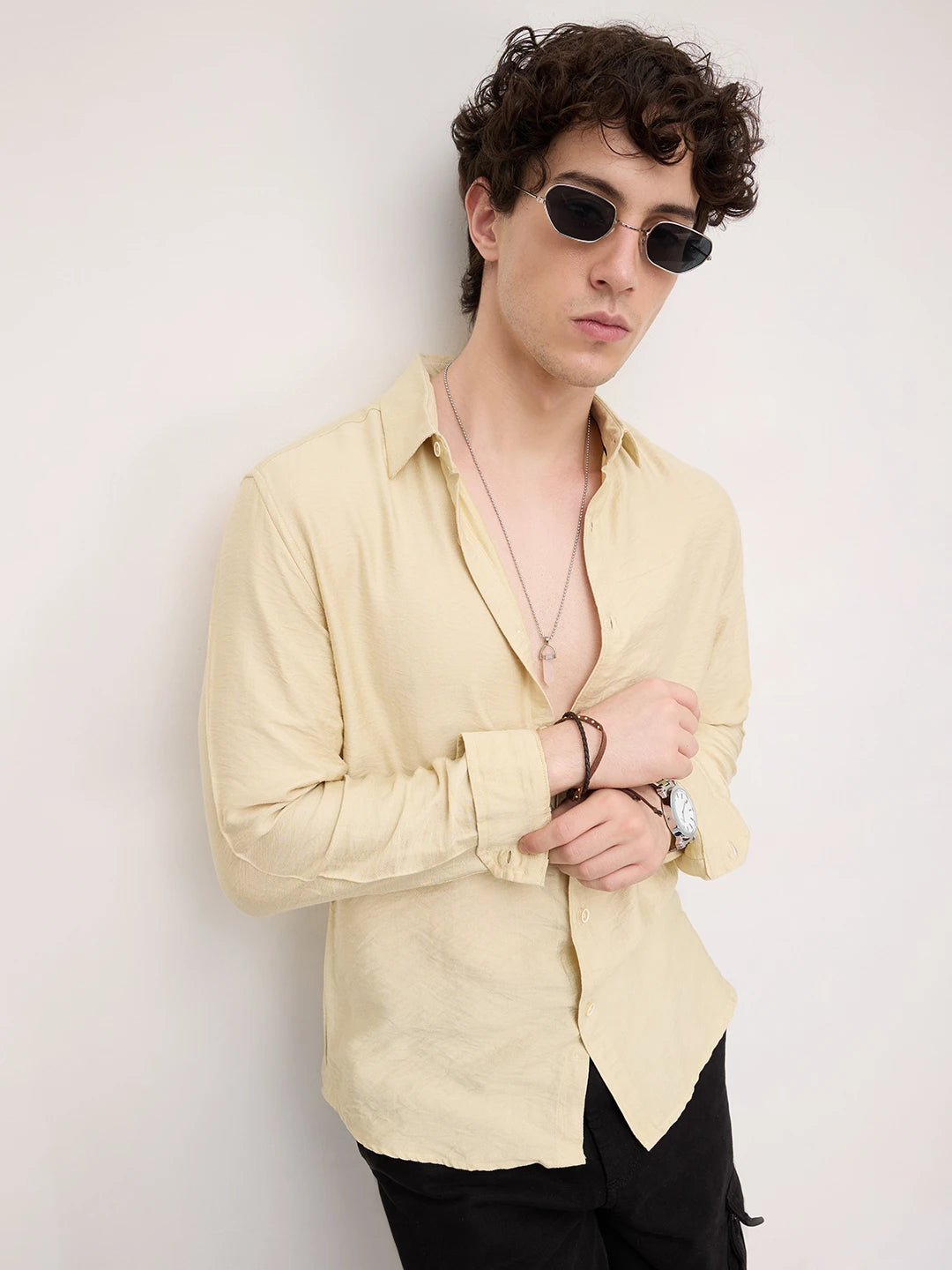 Golden Beige Lightweight Crinkled Shirt