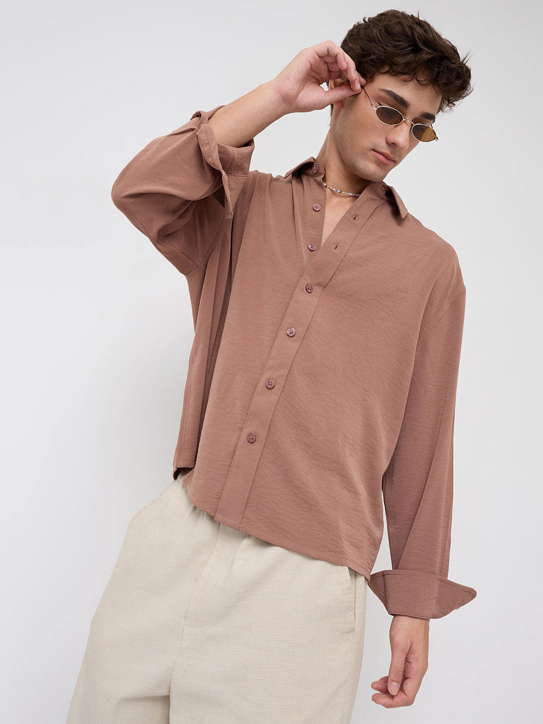 Luxe Russet Brown Ultra Soft Crinkled Boxy Fit Crop Shirt