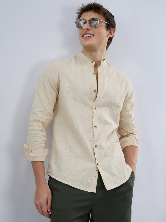 Bisque Beige Seersucker Striped Mandarin Shirt