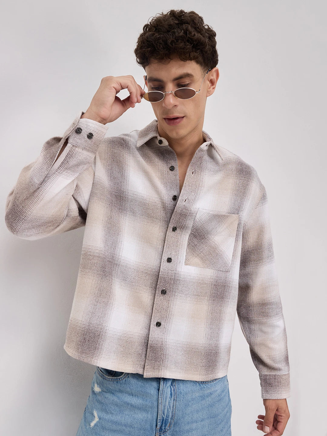 Beige Plaid Checks Boxy Fit Crop Shirt