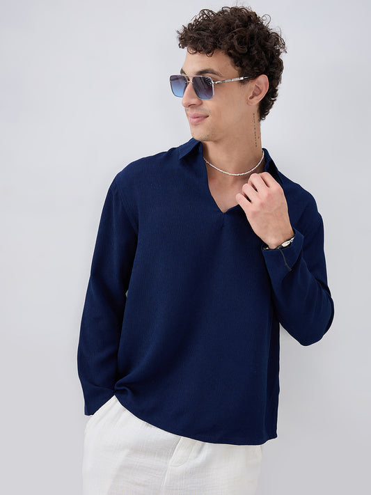 Midnight Navy Crepe Oversized Polo Shirt