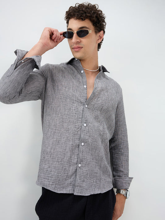 Charcoal Grey Dense-Weave Crinkled Shirt