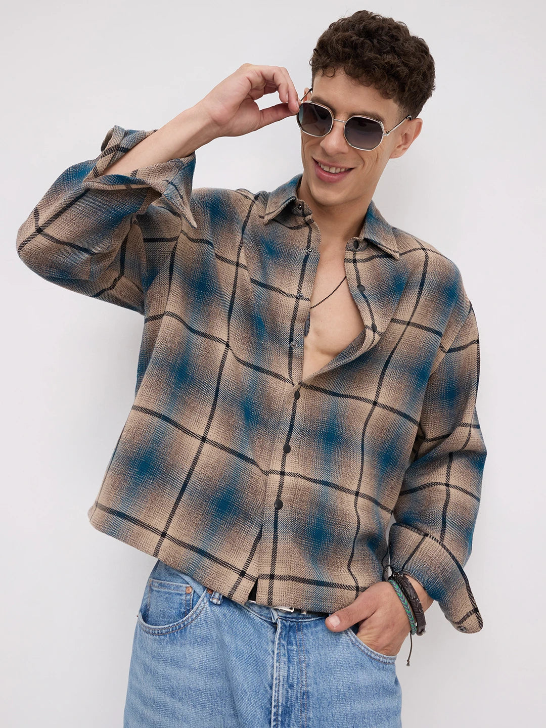 Teal & Khaki Plaid Checks Flannel Boxy Fit Crop Shirt