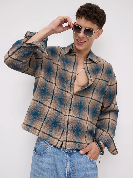 Teal & Khaki Plaid Checks Flannel Boxy Fit Crop Shirt