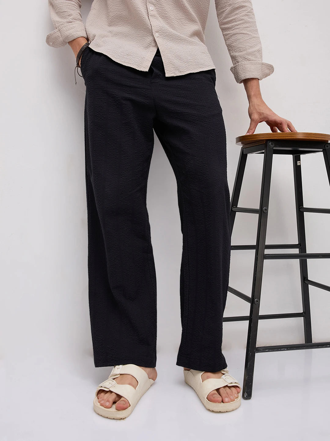 Luxe Black Seersucker Striped Straight Fit Trousers