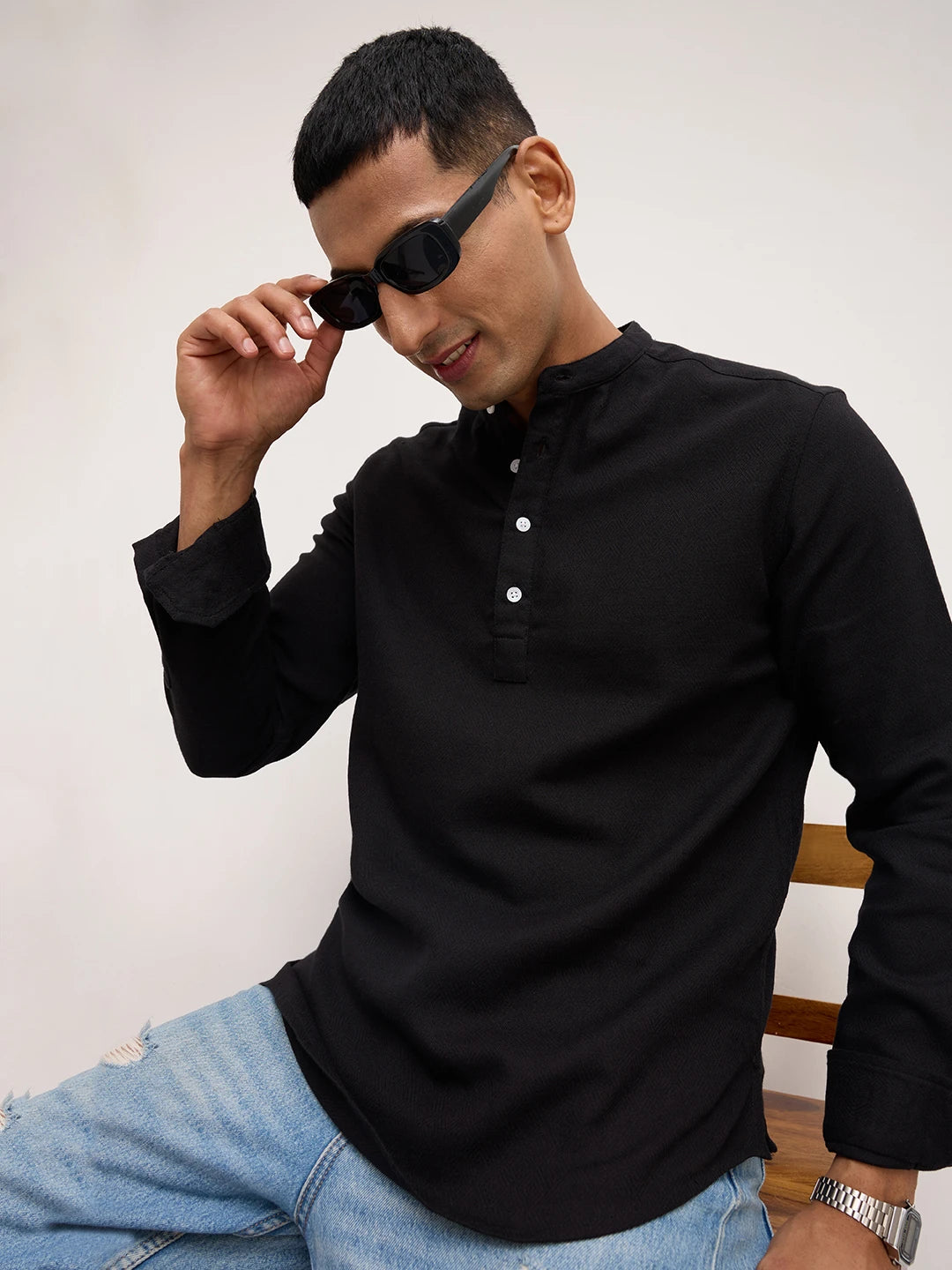 Onyx Black Fine Diamond Weave Kurta