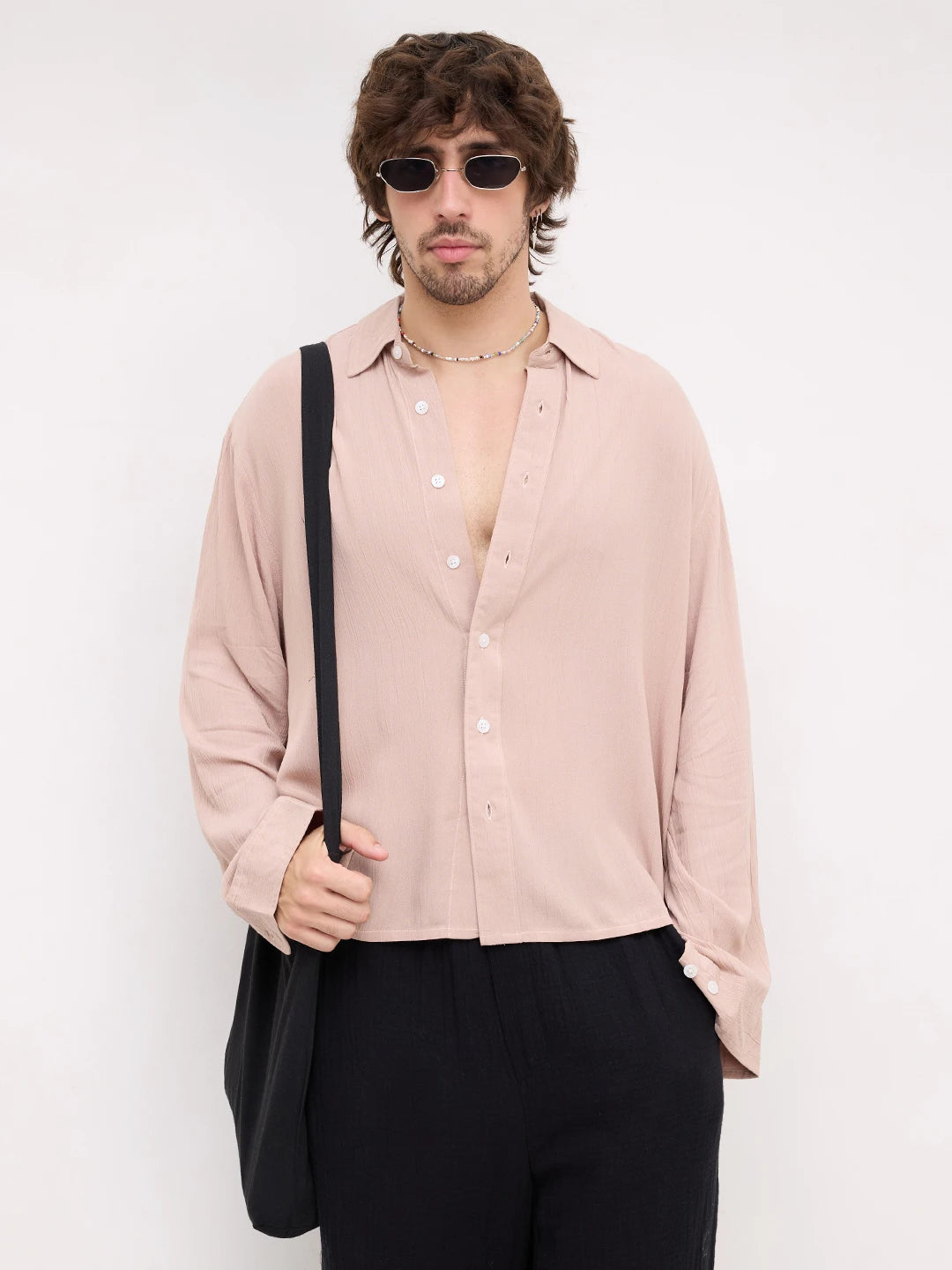 Warm Beige Crepe Textured Boxy Fit Shirt
