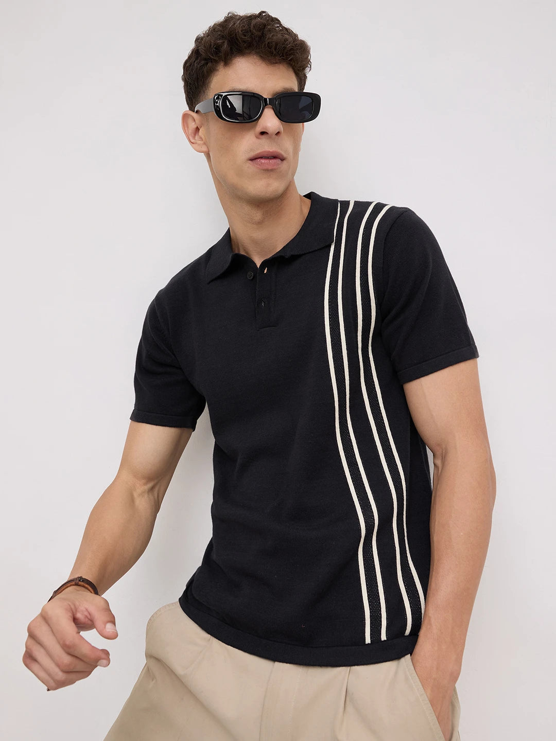 Black Contrast Vertical Striped Flat Knit Polo T-Shirt